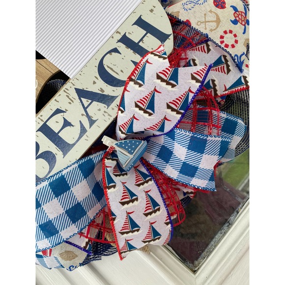 Coastal Sailboat Ahoy Anchor Beach Seashells Fish Summer Deco Mesh Ribbon Wreath - Picture 5 of 9